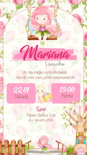 Convite Digital Aniversário Infantil Fada Rosa para Editar