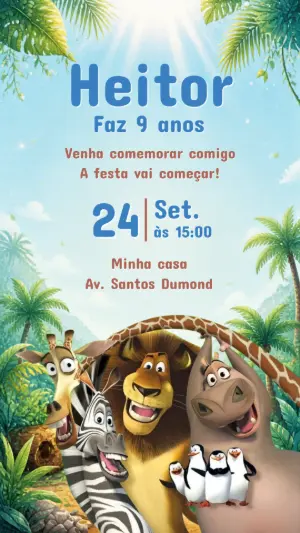 Convite de Aniversário Madagascar: Modelo Digital Editável