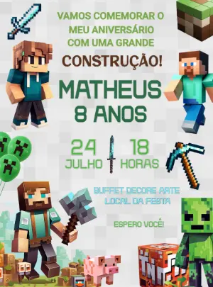 Convite de Aniversário Minecraft com Personagens para Editar