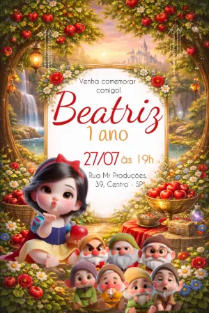 Convite de Aniversário Branca de Neve e os Sete Anões Editável