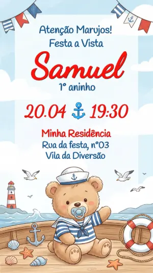Convite de Aniversário Ursinho Marinheiro Fofo para Editar