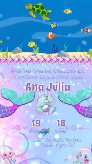 Convite Animado Aniversário Sereia Fundo do Mar para Editar