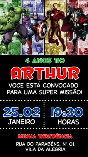 Convite de Aniversário Vingadores Modelo Digital Editável