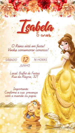 Convite Aniversário A Bela e a Fera para Editar Online