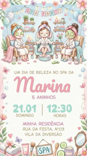 Convite de Aniversário Spa Party Aquarela Editável