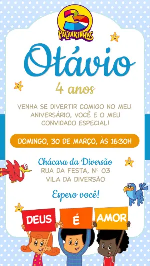 Convite de Aniversário 3 Palavrinhas Menino para Editar