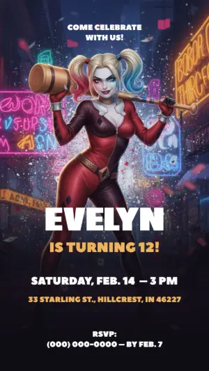 Harley Quinn Birthday Party Invitation Editable Template