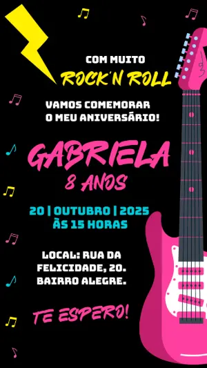 Convite de Aniversário Rock'n'Roll com Guitarra para Editar