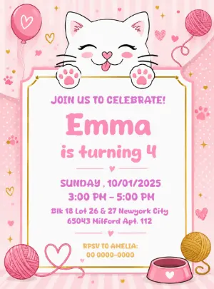 Editable Little Cat Birthday Invitation Template