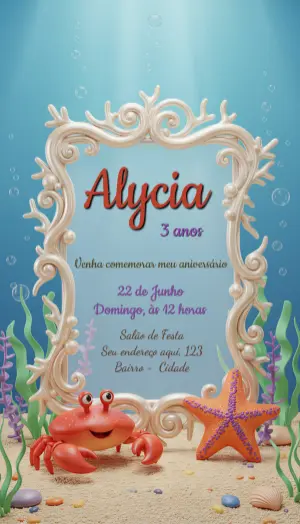 Convite de Aniversário Infantil Fundo do Mar 3D para Editar