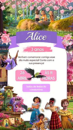 Convite Animado Encanto Floral para Aniversário Infantil Editável
