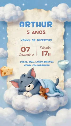 Convite de Aniversário Tom e Jerry Sonhador Modelo Editável