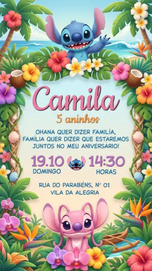 Convite de Aniversário Stitch e Angel Tropical Editável