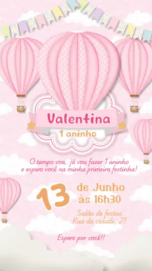 Convite de Aniversário Balão Rosa para Editar Online
