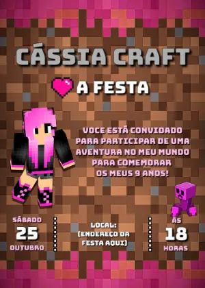 Convite de Aniversário Minecraft Menina para Editar Online