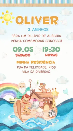 Convite de Aniversário Arca de Noé Aquarela Editável