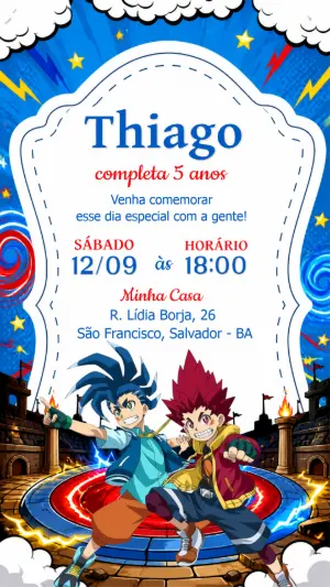 Convite de Aniversário Beyblade: Modelo Digital para Editar