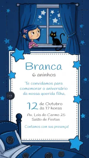 Convite de Aniversário Coraline para Editar Online