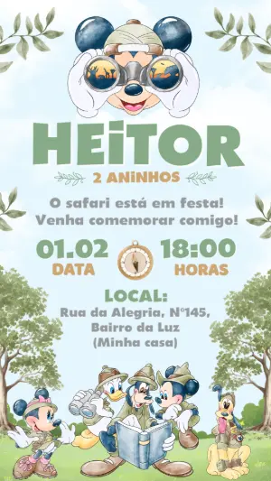 Convite de Aniversário Mickey Safari Editável para Menino