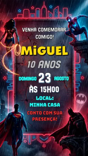 Convite de Aniversário Super Heróis Neon para Editar