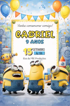 Convite Digital Festa Minions Colorido Modelo Editável