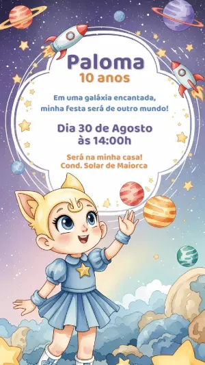 Convite Aniversário Menina Galáxia para Editar Online