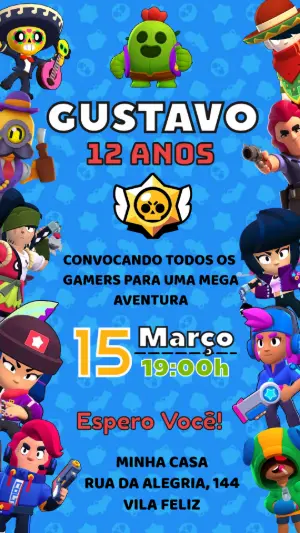 Convite de Aniversário Brawl Stars com Personagens para Editar