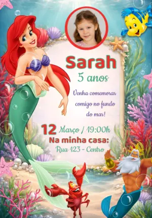 Convite de Aniversário Pequena Sereia com Foto para Editar