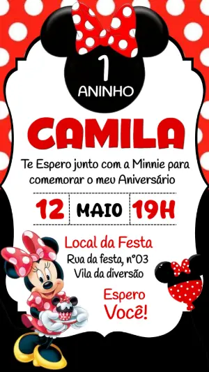 Convite de Aniversário Minnie Vermelha Editável para Menina