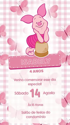 Convite de Aniversário Leitão Rosa com Borboletas Editável