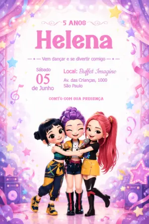 Convite de Aniversário Guerreiras do K-pop Editável