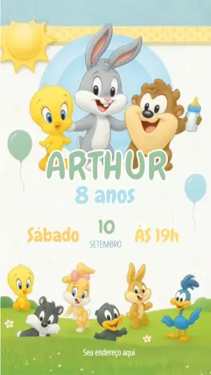 Convite Animado Aniversário Baby Looney Tunes para Editar