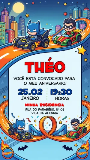 Convite Aniversário Infantil Batman e Robin Corrida Editável