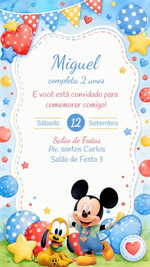Convite de Aniversário Mickey e Amigos Aquarela para Editar