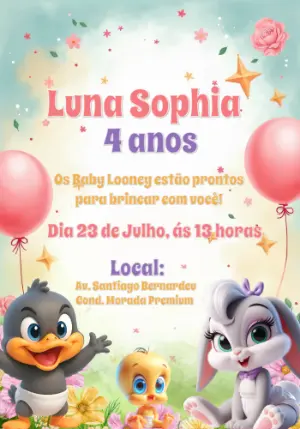 Convite Aniversário Baby Looney Tunes para Editar Online