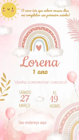 Convite de Aniversário 1 Ano Arco-Íris Boho para Editar