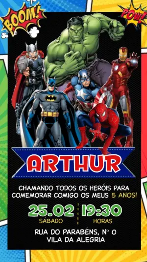 Convite de Aniversário Super-Heróis Estilo HQ Editável