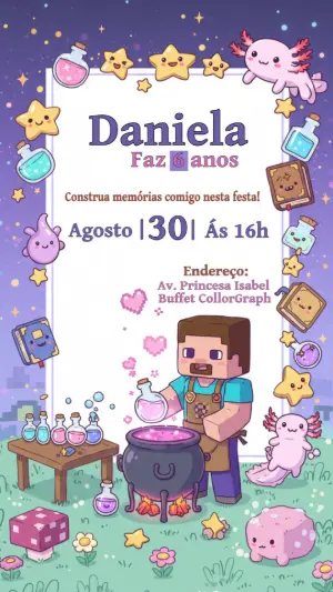 Convite de Aniversário Minecraft Kawaii com Axolote para Editar