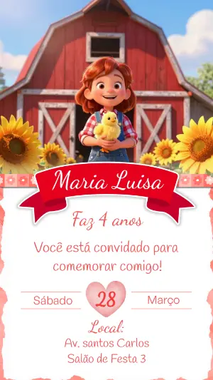 Convite de Aniversário Fazendinha Infantil 3D para Editar
