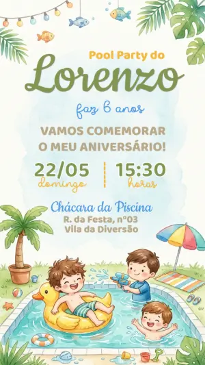 Convite de Aniversário Pool Party Menino Aquarela Editável
