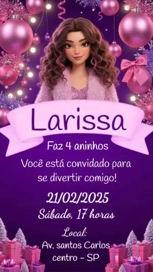 Convite de Aniversário Boneca 3D Roxo e Rosa para Editar