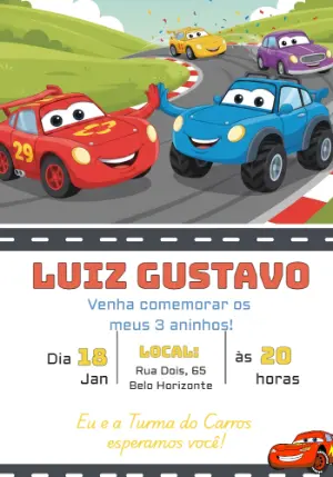 Convite Digital Tema Carros de Corrida Editável para Aniversário