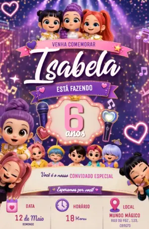 Convite Animado Guerreiras do Kpop para Aniversário Editável