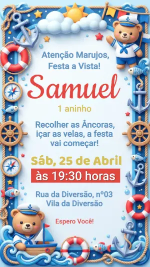 Convite de Aniversário Ursinho Marinheiro Editável