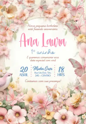 Convite de Aniversário Jardim das Borboletas Rosa Editável