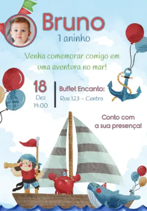 Convite Digital Aniversário Infantil Aventura no Mar Editável