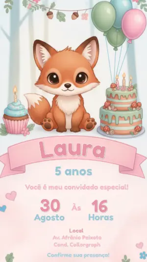 Convite de Aniversário Digital Raposa do Bosque Editável