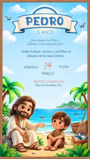 Convite de Aniversário Bíblico Jesus e Pedro Editável