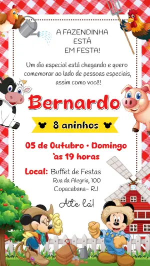 Convite Aniversário Fazendinha do Mickey para Editar Online