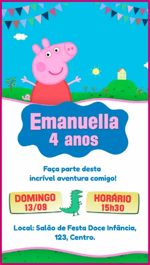 Convite de Aniversário Peppa Pig Colorido para Editar